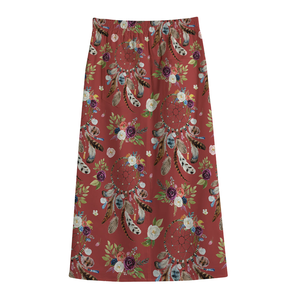 Vintage Dream Catcher Pattern Print Cotton Front Slit Maxi Skirt