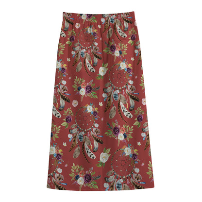 Vintage Dream Catcher Pattern Print Cotton Front Slit Maxi Skirt