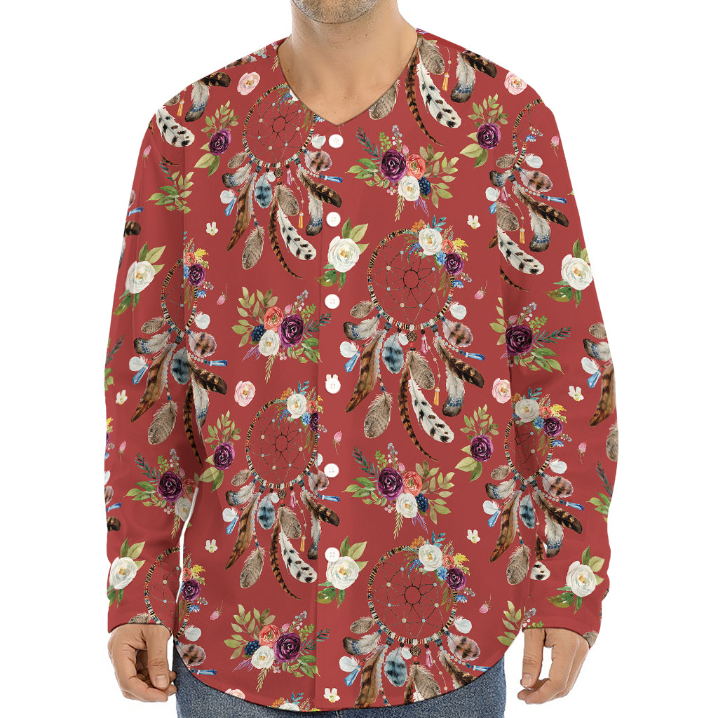 Vintage Dream Catcher Pattern Print Long Sleeve Baseball Jersey