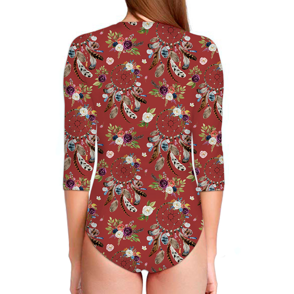 Vintage Dream Catcher Pattern Print Long Sleeve Swimsuit