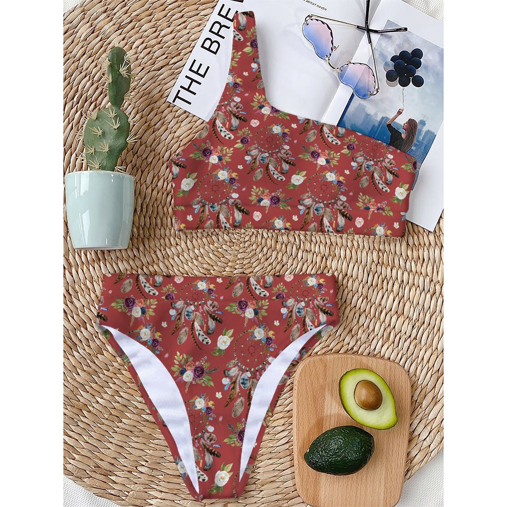 Vintage Dream Catcher Pattern Print One Shoulder Bikini Top
