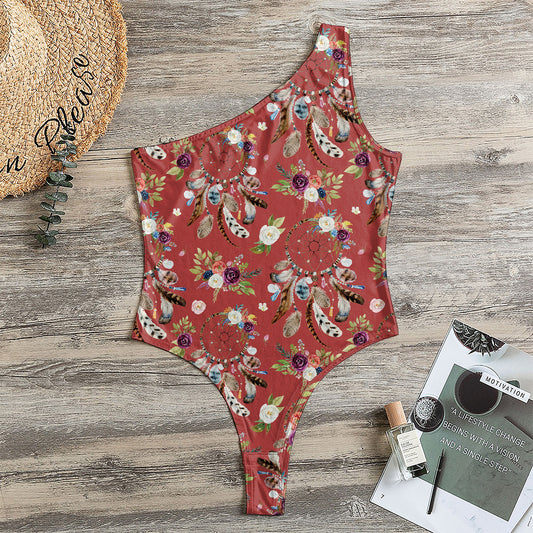 Vintage Dream Catcher Pattern Print One Shoulder Bodysuit