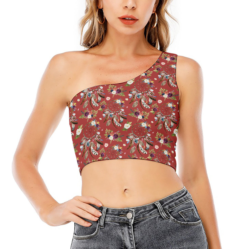 Vintage Dream Catcher Pattern Print One Shoulder Crop Top