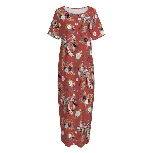 Vintage Dream Catcher Pattern Print Short Sleeve Long Nightdress