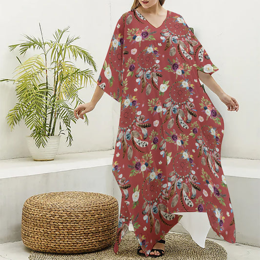 Vintage Dream Catcher Pattern Print Silk V-Neck Kaftan Dress