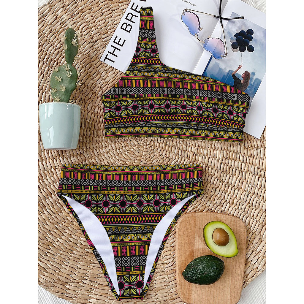 Vintage Ethnic Pattern Print One Shoulder Bikini Top
