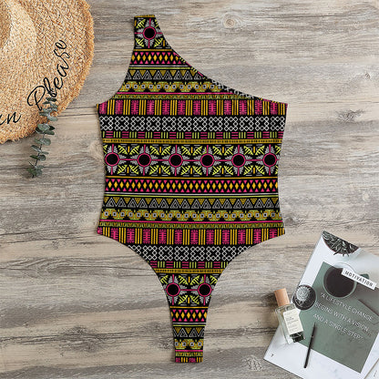 Vintage Ethnic Pattern Print One Shoulder Bodysuit