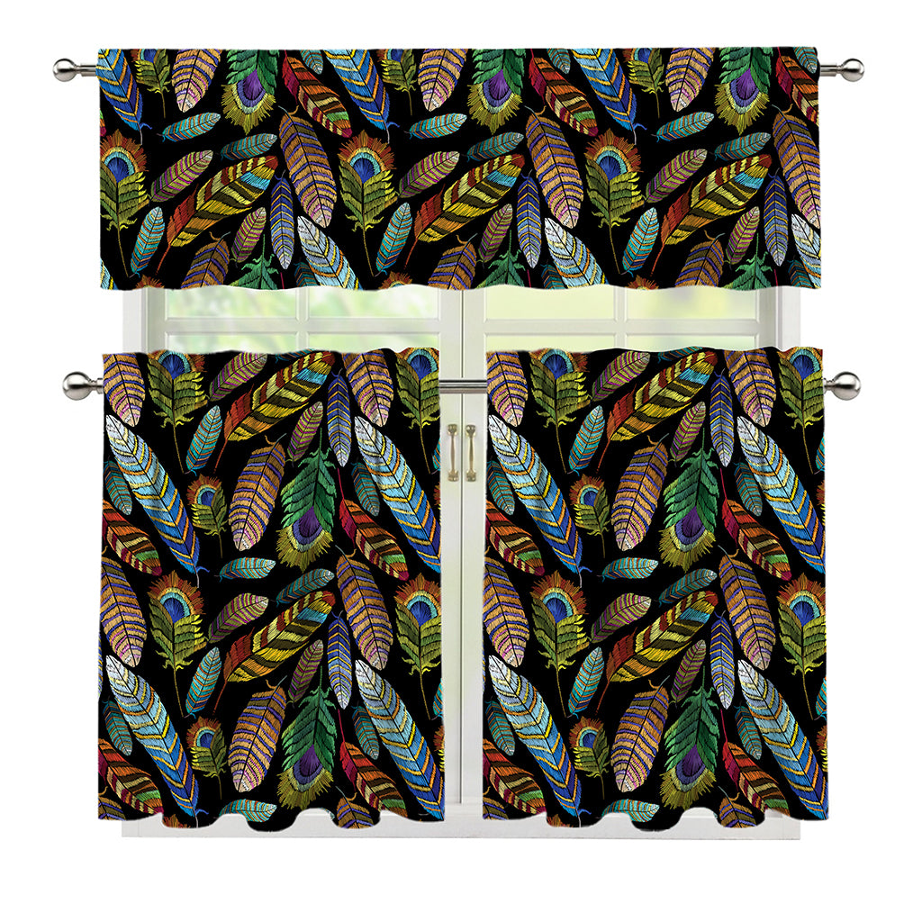 Vintage Feather Pattern Print 3 Piece Kitchen Curtains