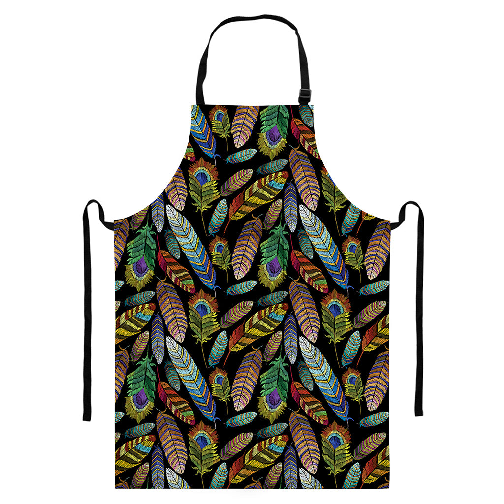 Vintage Feather Pattern Print Bib Apron With Pocket