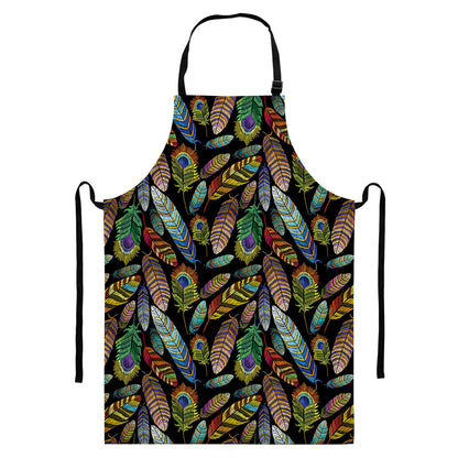 Vintage Feather Pattern Print Bib Apron With Pocket