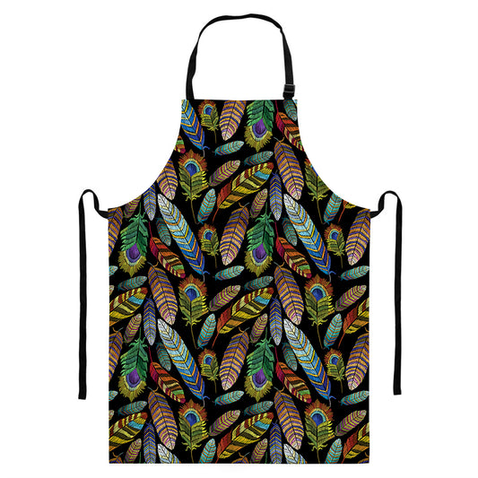 Vintage Feather Pattern Print Bib Apron With Pocket