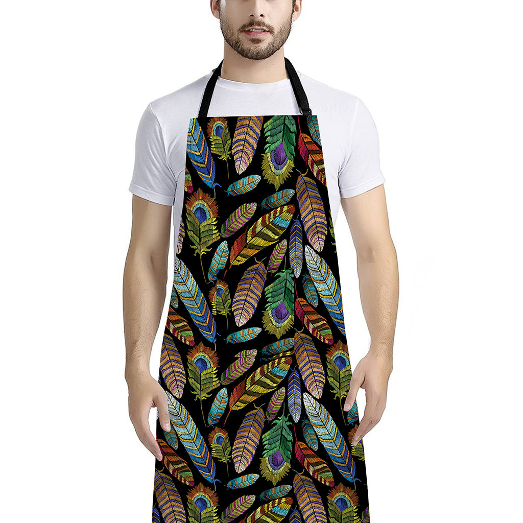 Vintage Feather Pattern Print Bib Apron With Pocket