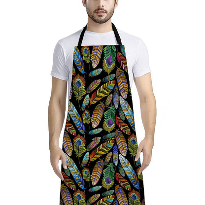 Vintage Feather Pattern Print Bib Apron With Pocket