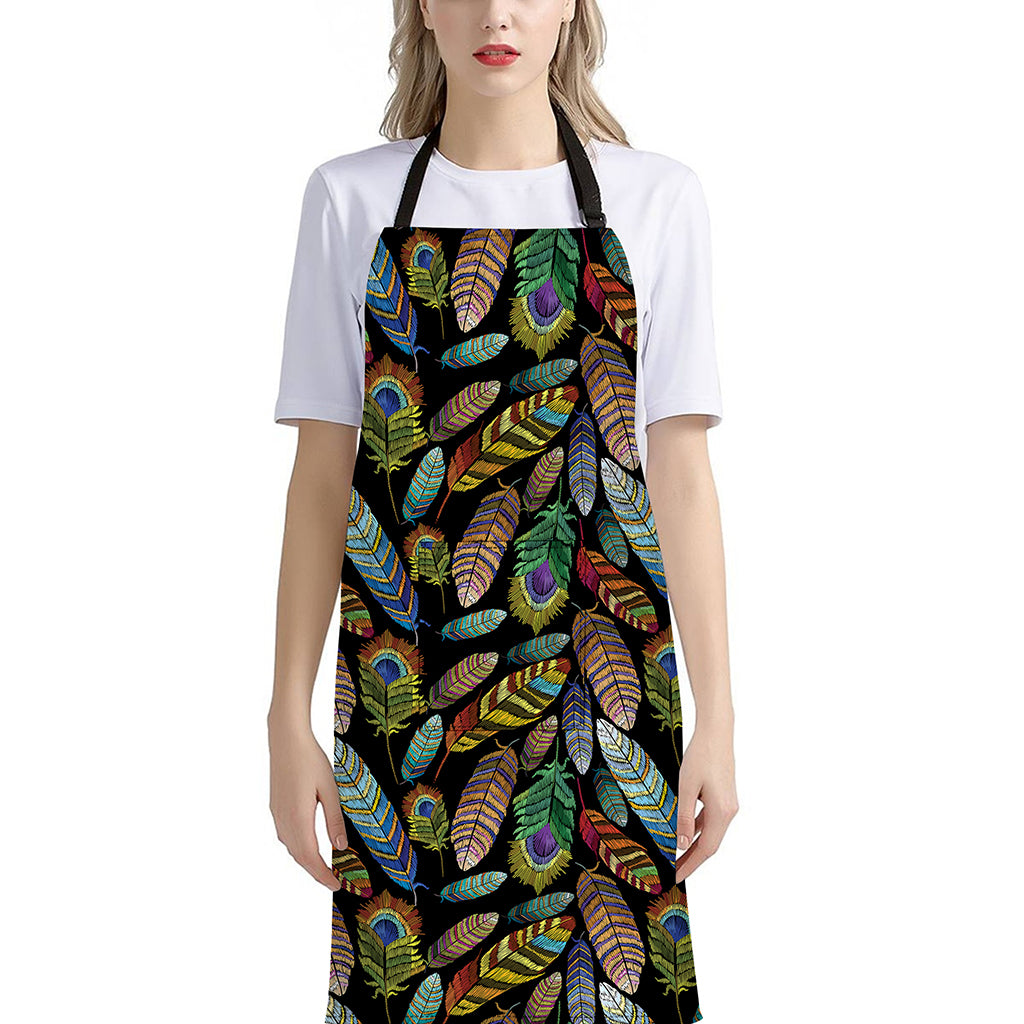Vintage Feather Pattern Print Bib Apron With Pocket