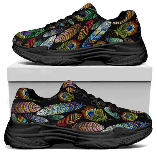 Vintage Feather Pattern Print Black Chunky Shoes