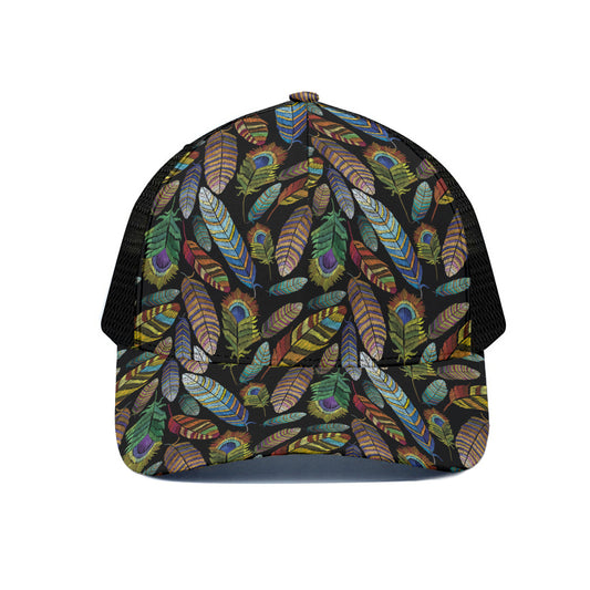 Vintage Feather Pattern Print Black Mesh Trucker Cap