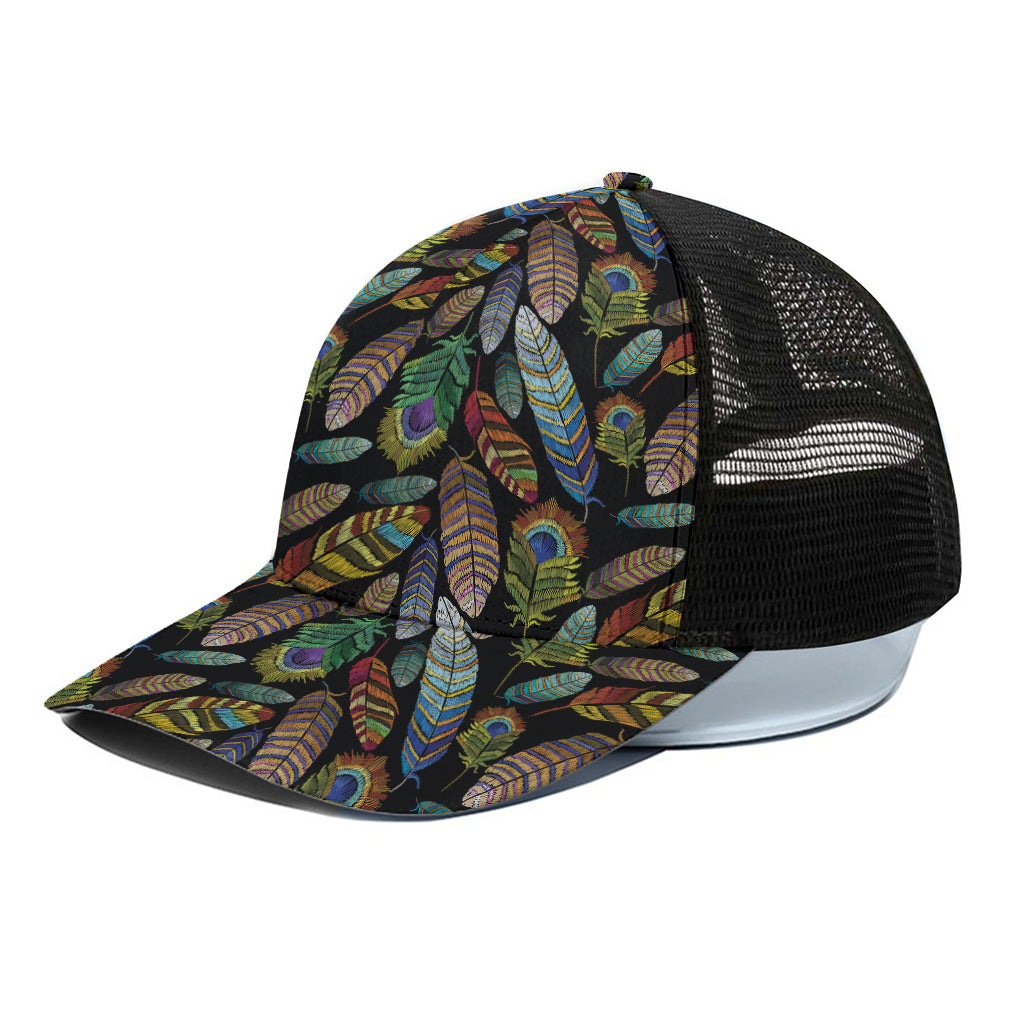 Vintage Feather Pattern Print Black Mesh Trucker Cap
