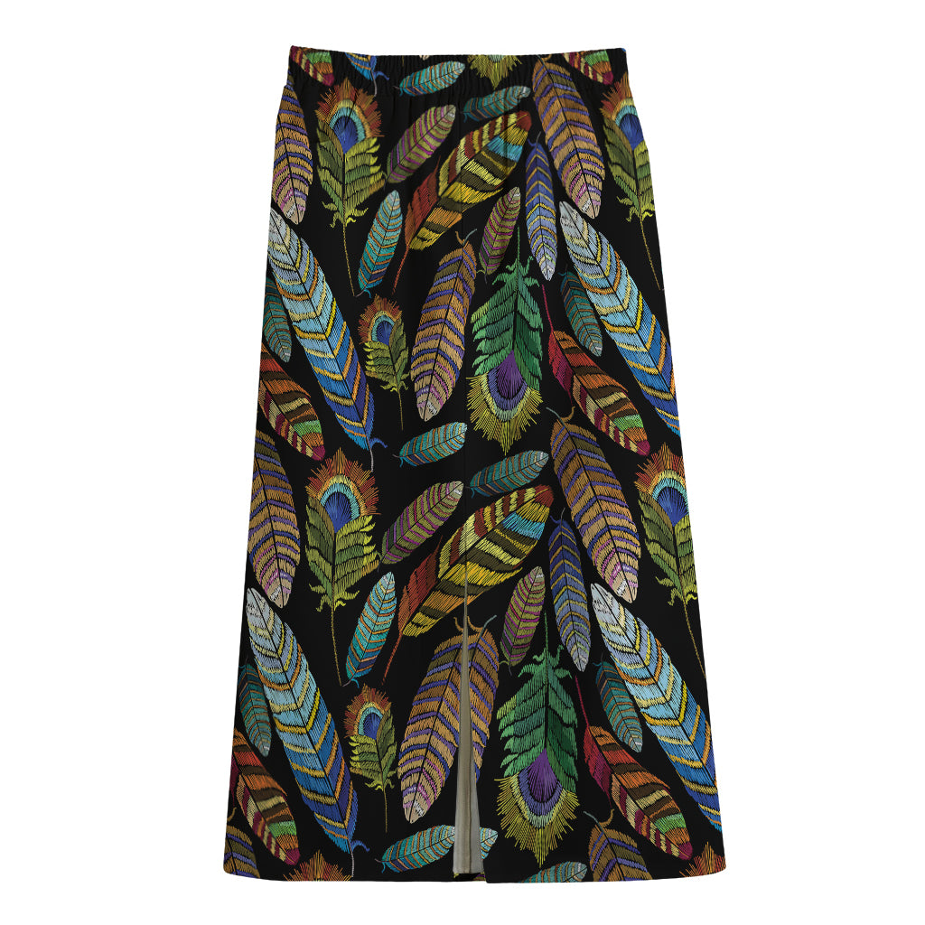 Vintage Feather Pattern Print Cotton Front Slit Maxi Skirt