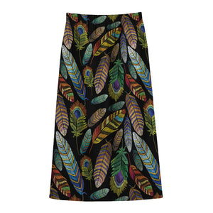 Vintage Feather Pattern Print Cotton Front Slit Maxi Skirt