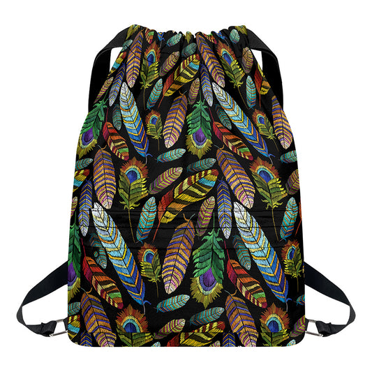 Vintage Feather Pattern Print Drawstring Backpack