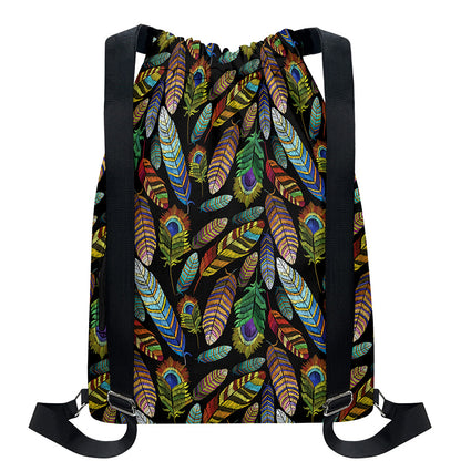 Vintage Feather Pattern Print Drawstring Backpack
