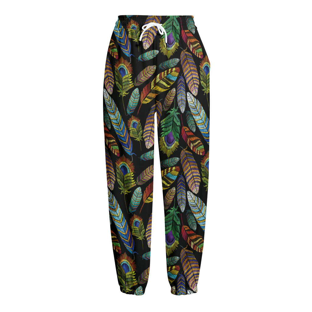 Vintage Feather Pattern Print Fleece Lined Knit Pants