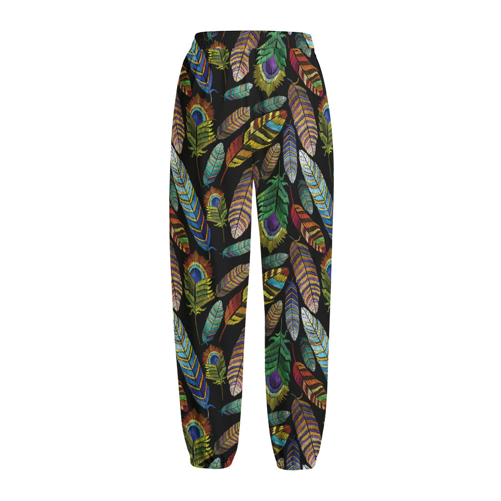 Vintage Feather Pattern Print Fleece Lined Knit Pants