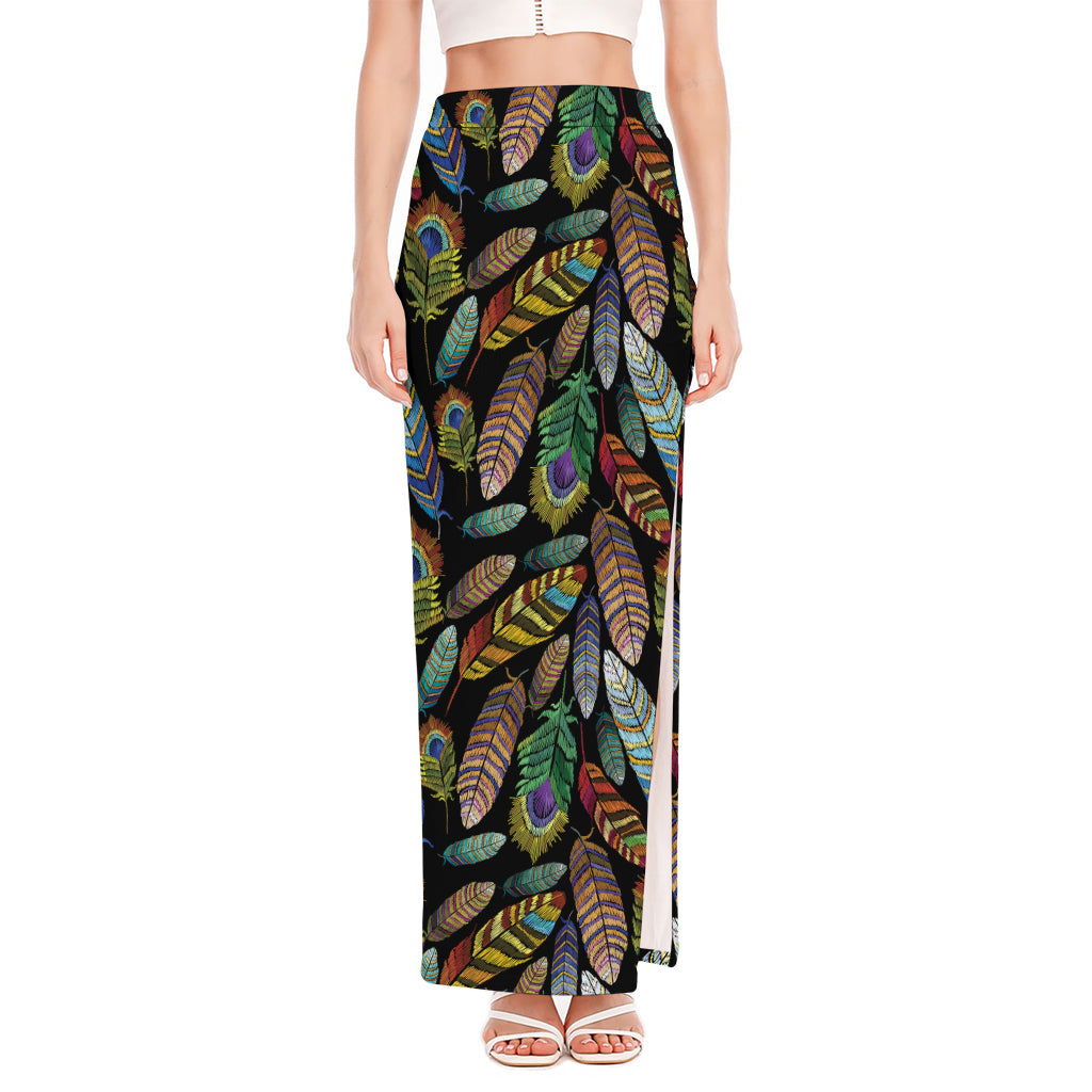 Vintage Feather Pattern Print High Slit Maxi Skirt