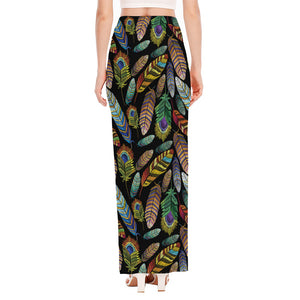 Vintage Feather Pattern Print High Slit Maxi Skirt