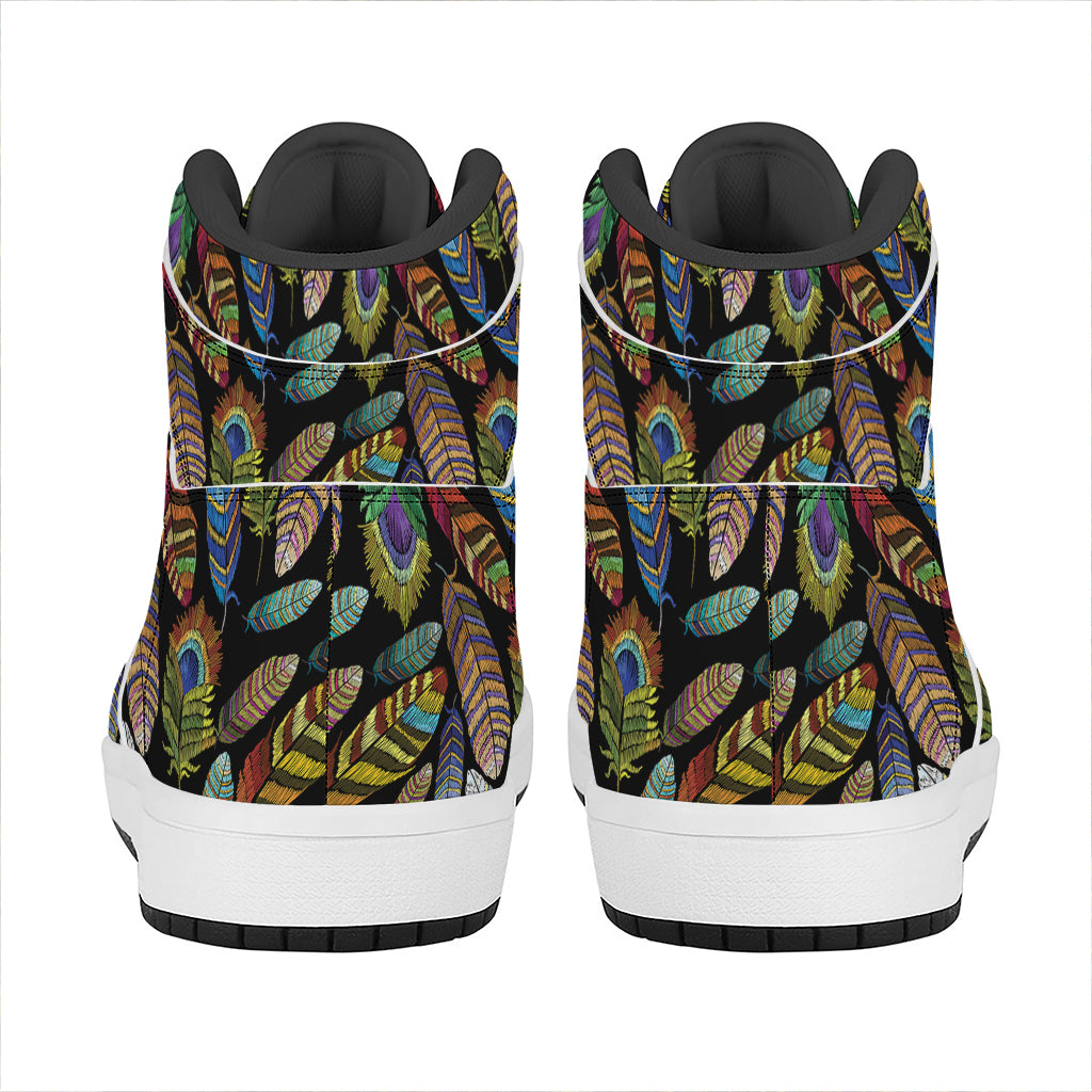 Vintage Feather Pattern Print High Top Leather Sneakers