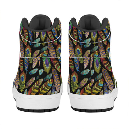 Vintage Feather Pattern Print High Top Leather Sneakers