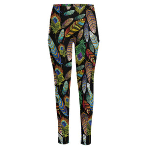 Vintage Feather Pattern Print High-Waisted Pocket Leggings