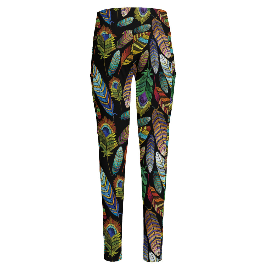 Vintage Feather Pattern Print High-Waisted Pocket Leggings