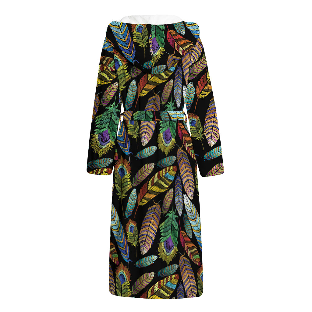 Vintage Feather Pattern Print Hooded Bathrobe