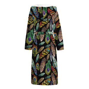 Vintage Feather Pattern Print Hooded Bathrobe