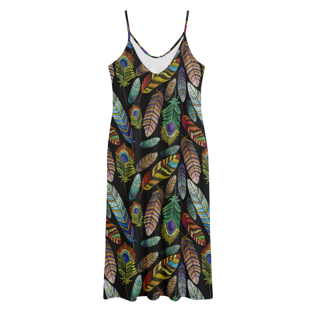 Vintage Feather Pattern Print Jersey Midi Cami Dress