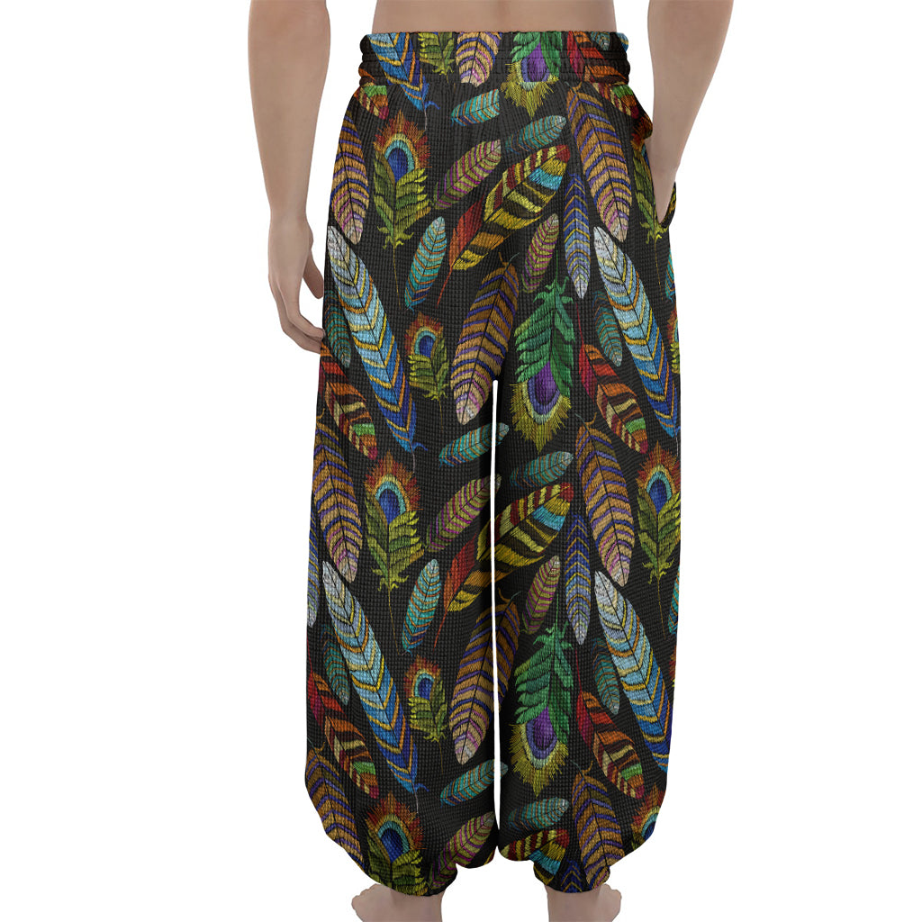 Vintage Feather Pattern Print Lantern Pants