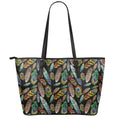 Vintage Feather Pattern Print Leather Tote Bag With Zipper