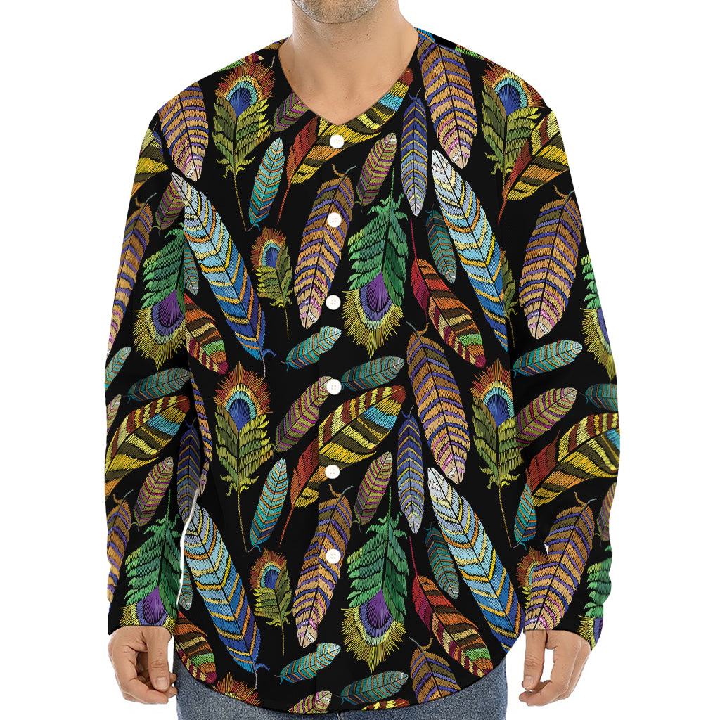 Vintage Feather Pattern Print Long Sleeve Baseball Jersey