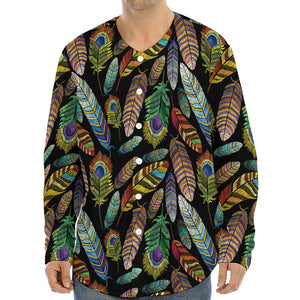 Vintage Feather Pattern Print Long Sleeve Baseball Jersey