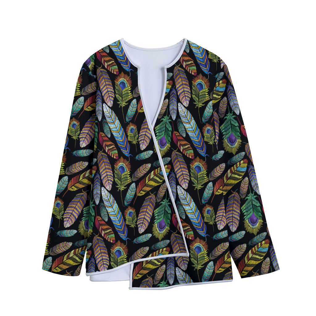 Vintage Feather Pattern Print Long Sleeve Short Coat