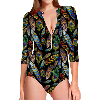 Vintage Feather Pattern Print Long Sleeve Swimsuit