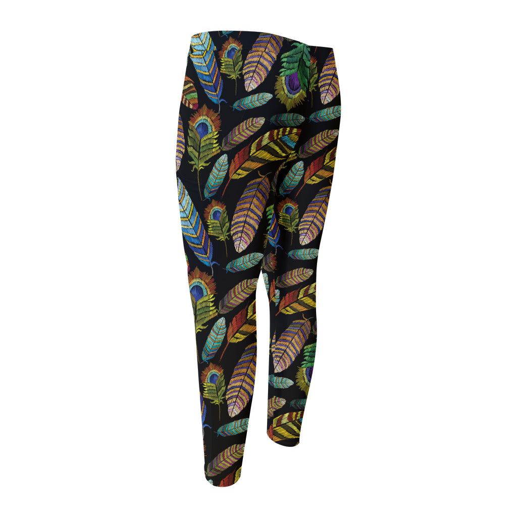 Vintage Feather Pattern Print Men's Compression Pants