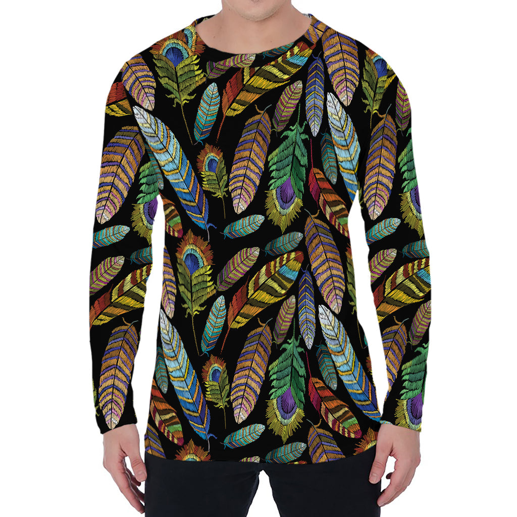 Vintage Feather Pattern Print Men's Long Sleeve T-Shirt