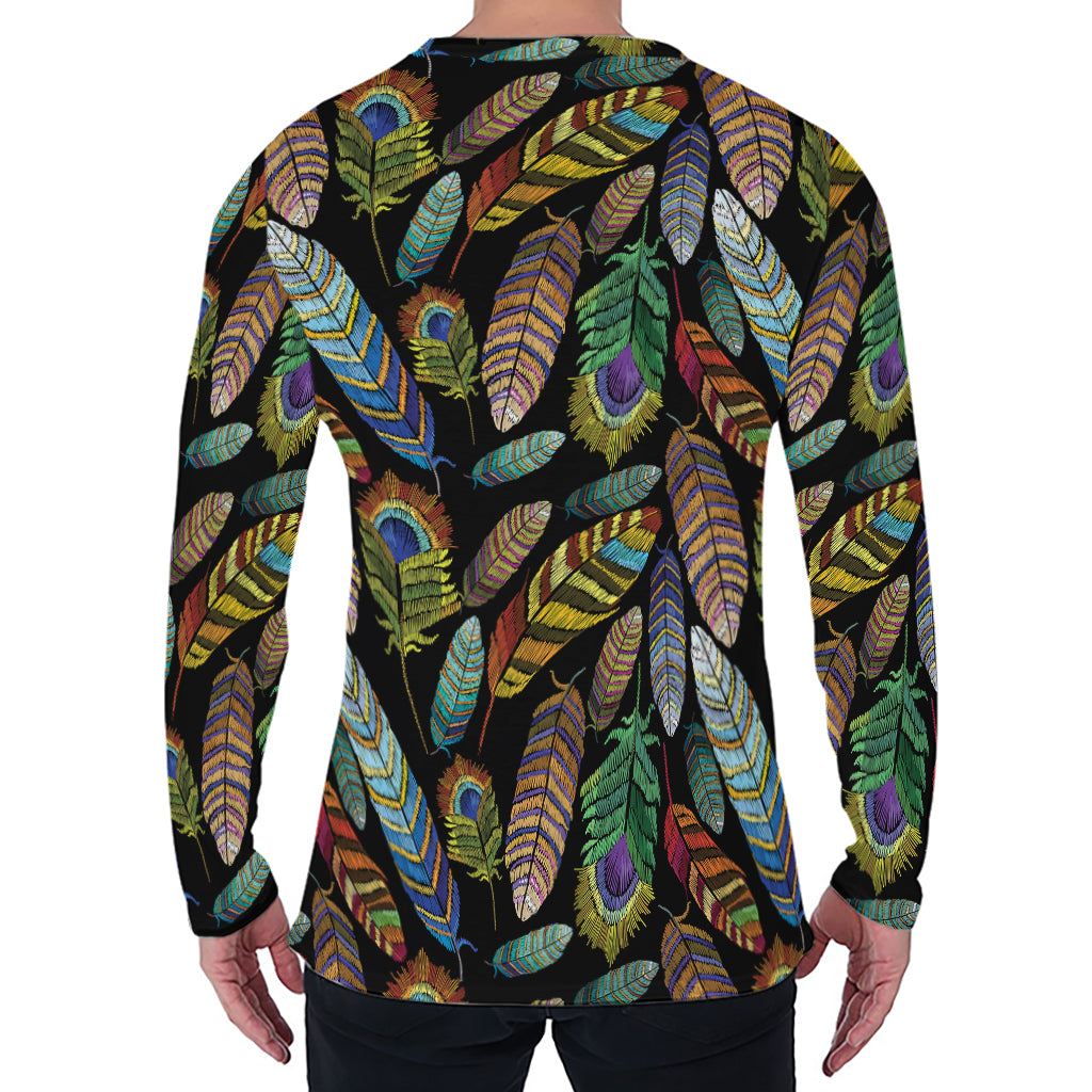 Vintage Feather Pattern Print Men's Long Sleeve T-Shirt