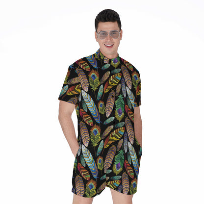 Vintage Feather Pattern Print Men's Rompers