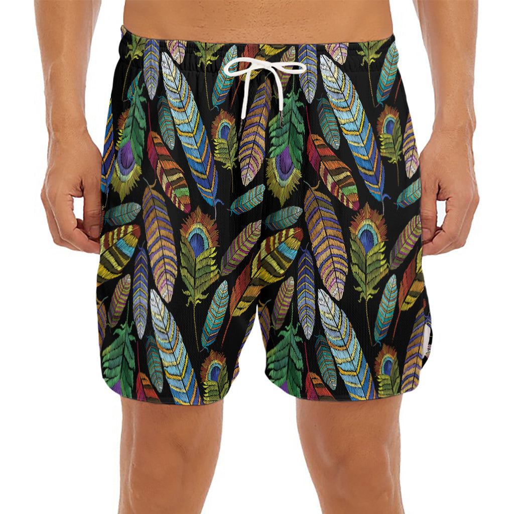 Vintage Feather Pattern Print Men's Split Running Shorts