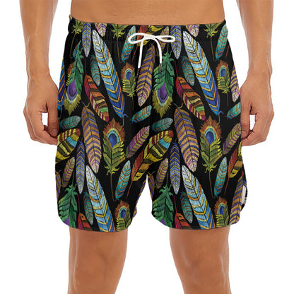 Vintage Feather Pattern Print Men's Split Running Shorts