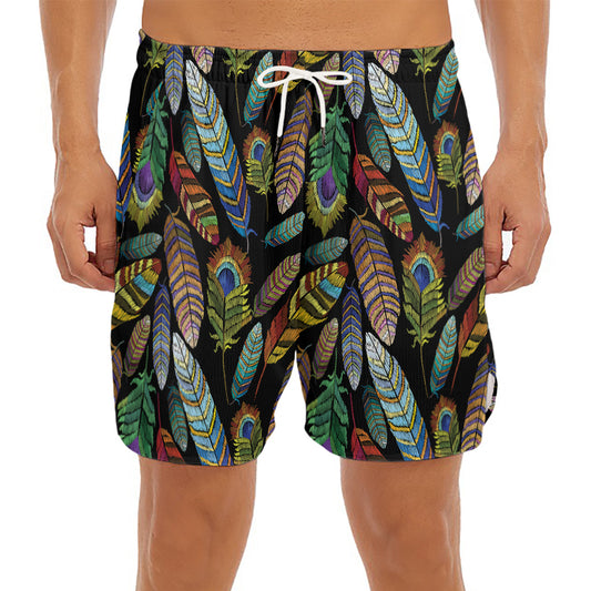 Vintage Feather Pattern Print Men's Split Running Shorts