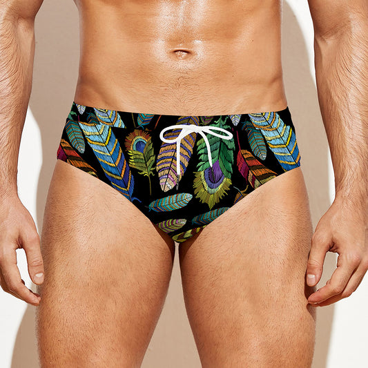 Vintage Feather Pattern Print Men's Swim Briefs
